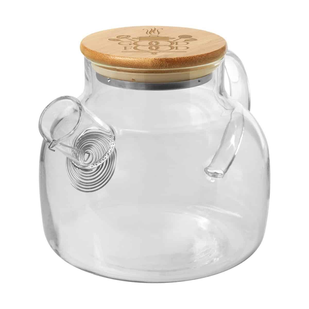 Dzbanki z logo – dzbanek do herbaty zen z sitkiem i bambusową pokrywką 11339501_eg_y1 Szklany dzbanek do herbaty z filtrem i drewnianą pokrywką.