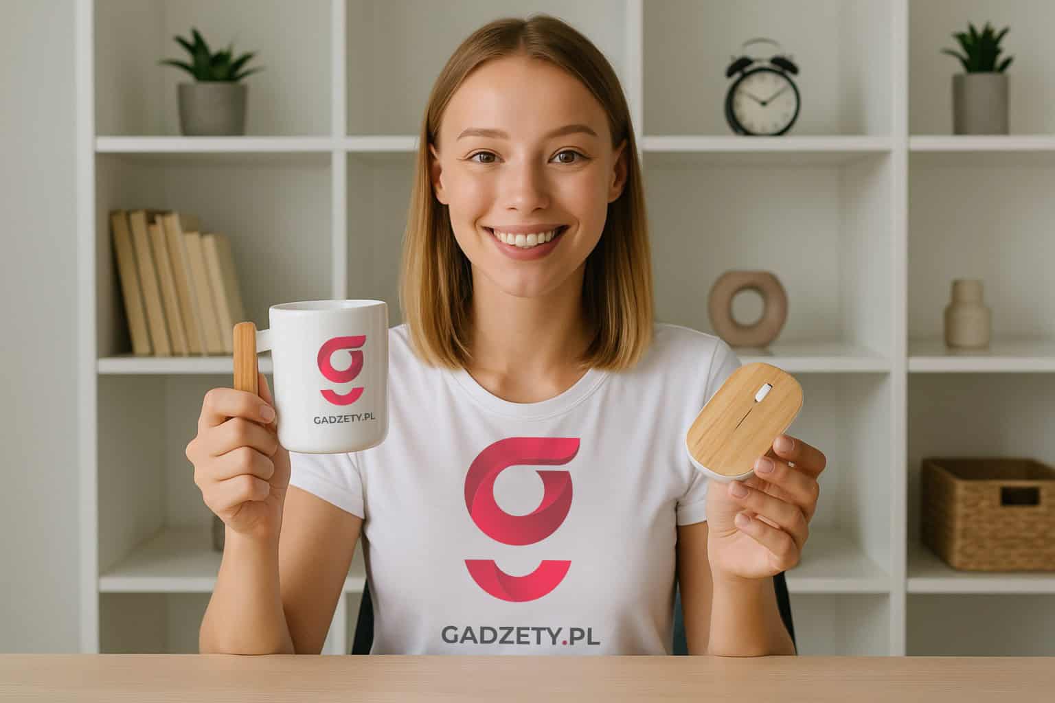 1. Kubek z nadrukiem GADZETY.PL i drewnianym podstawką do biura i domu.