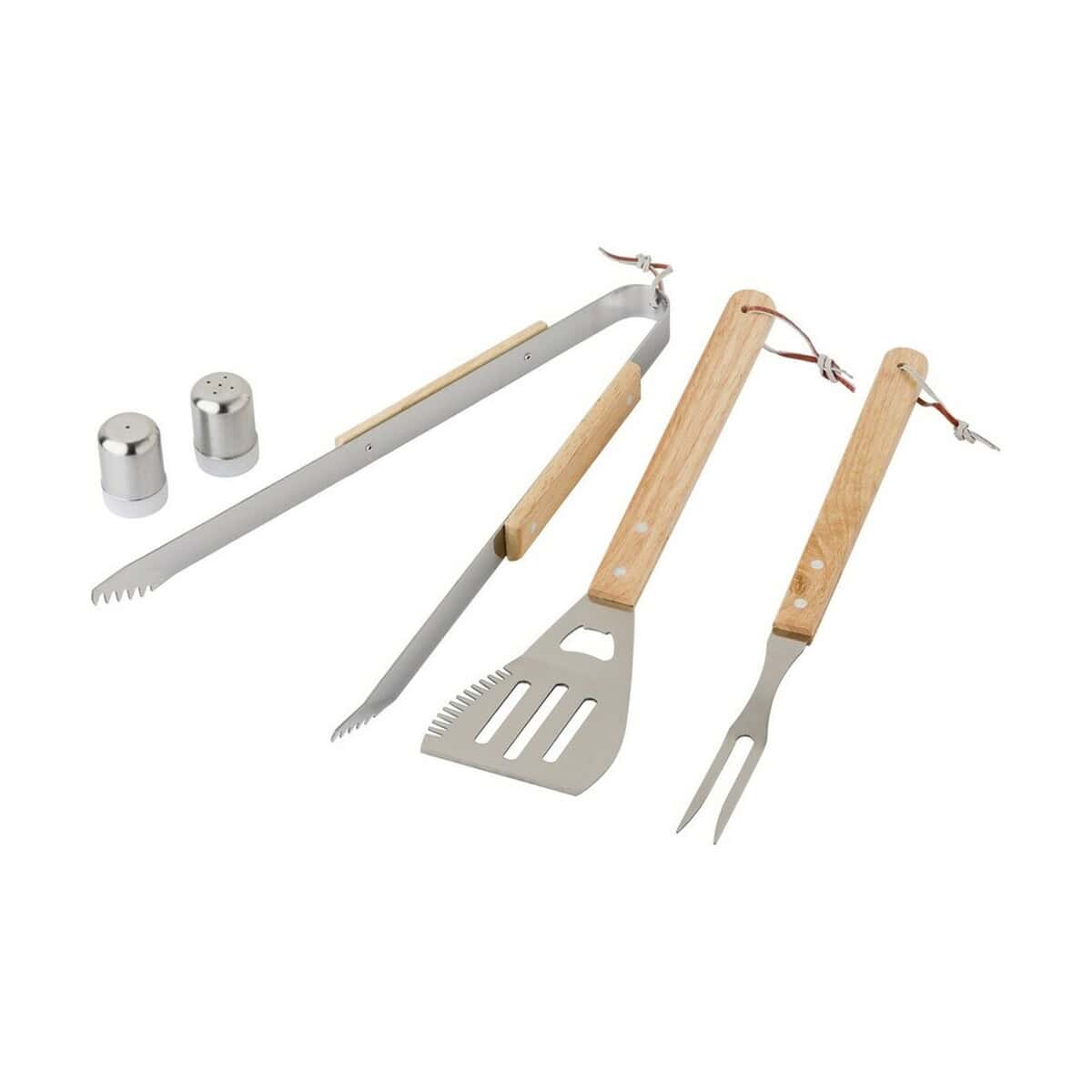 Przybory do grilla z metalowymi i drewnianymi elementami, zestaw akcesoriów grillowych.
