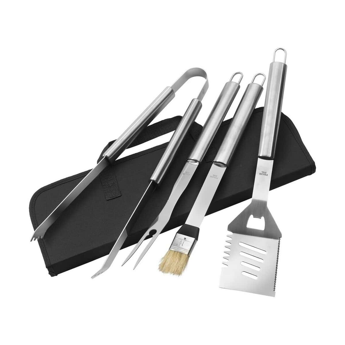 Gadżety do grilla z logo – zestaw do grilla V9655-03_AAA01 1. Narzędzia grillowe stal nierdzewna zestaw do barbecue na czarnym etui.