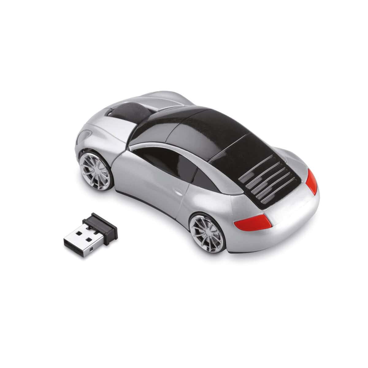 Gadżety do komputera z logo – bezprzewodowa mysz, samochód speed mo7641-16-back Samochodowa myszka USB, czarny i srebrny, eleganckie gadżety samochodowe.