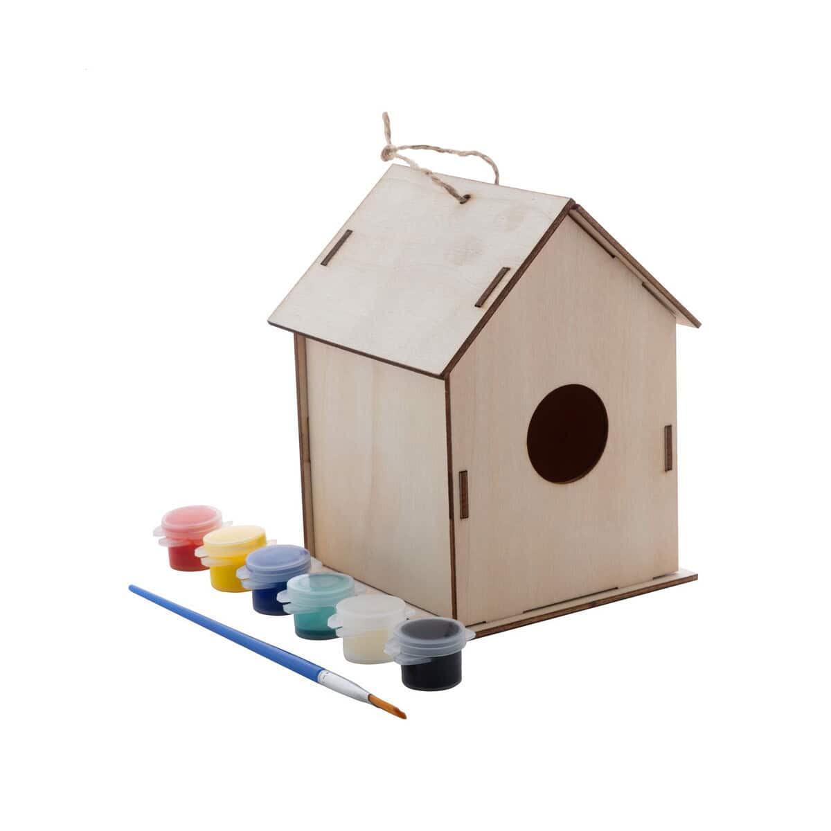 Gadżety do ogrodu z logo – titmice domek dla ptaków diy AP808157 1. Drewniany domek dla ptaków z farbkami i pędzlem, ozdoba ogrodu.