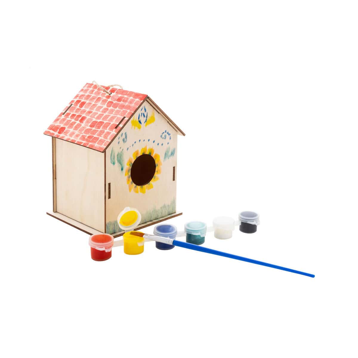 Gadżety do ogrodu z logo – titmice domek dla ptaków diy AP808157__B Kolorowa dekoracja drewnianego domku na ptaki z farbami i pędzlem do malowania gadżetów promocyjnych.