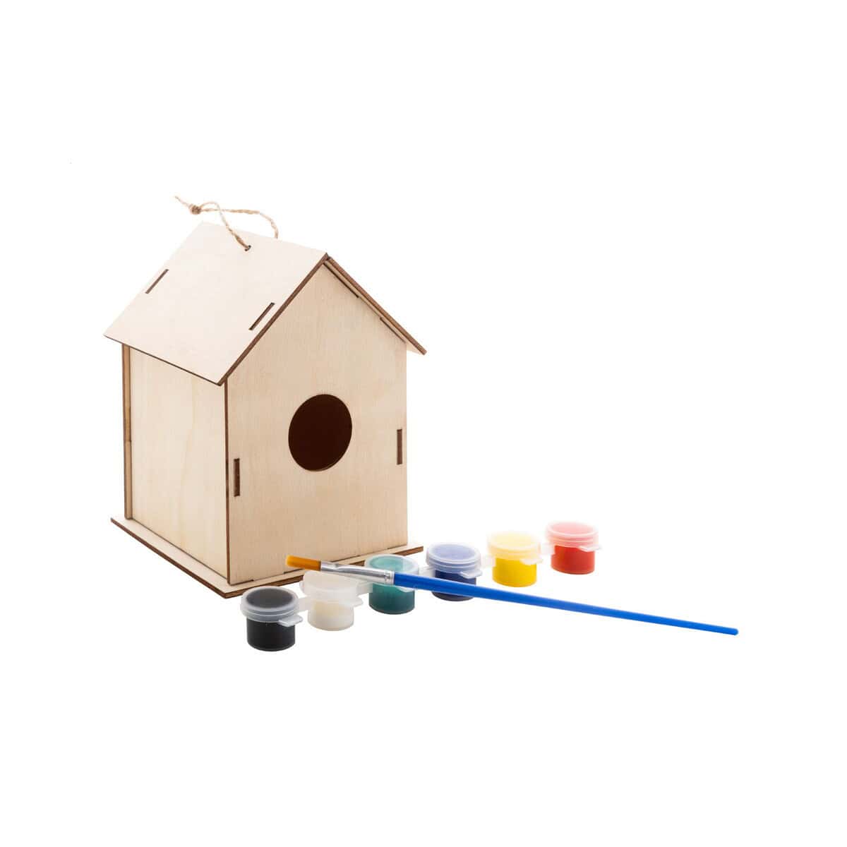 Gadżety do ogrodu z logo – titmice domek dla ptaków diy AP808157__C Kurnik na ptaki do dekoracji z farbami i pędzlem, drewniana dekoracja na wymalowanie, idealny projekt DIY.