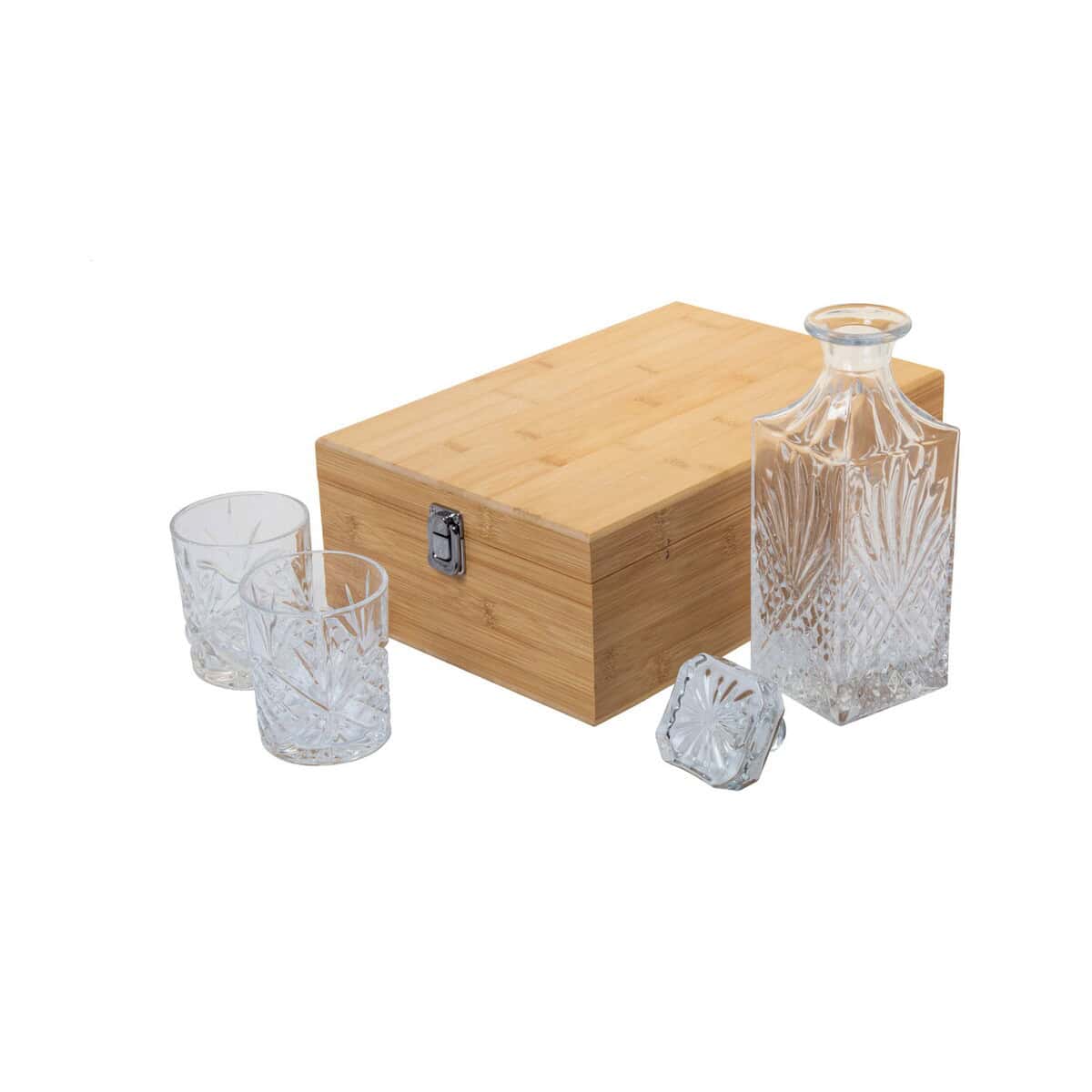 Szklany zestaw do drinków z drewnianą szkatułką, 2 kieliszki i karafka, eleganckie gadżety na prezent.