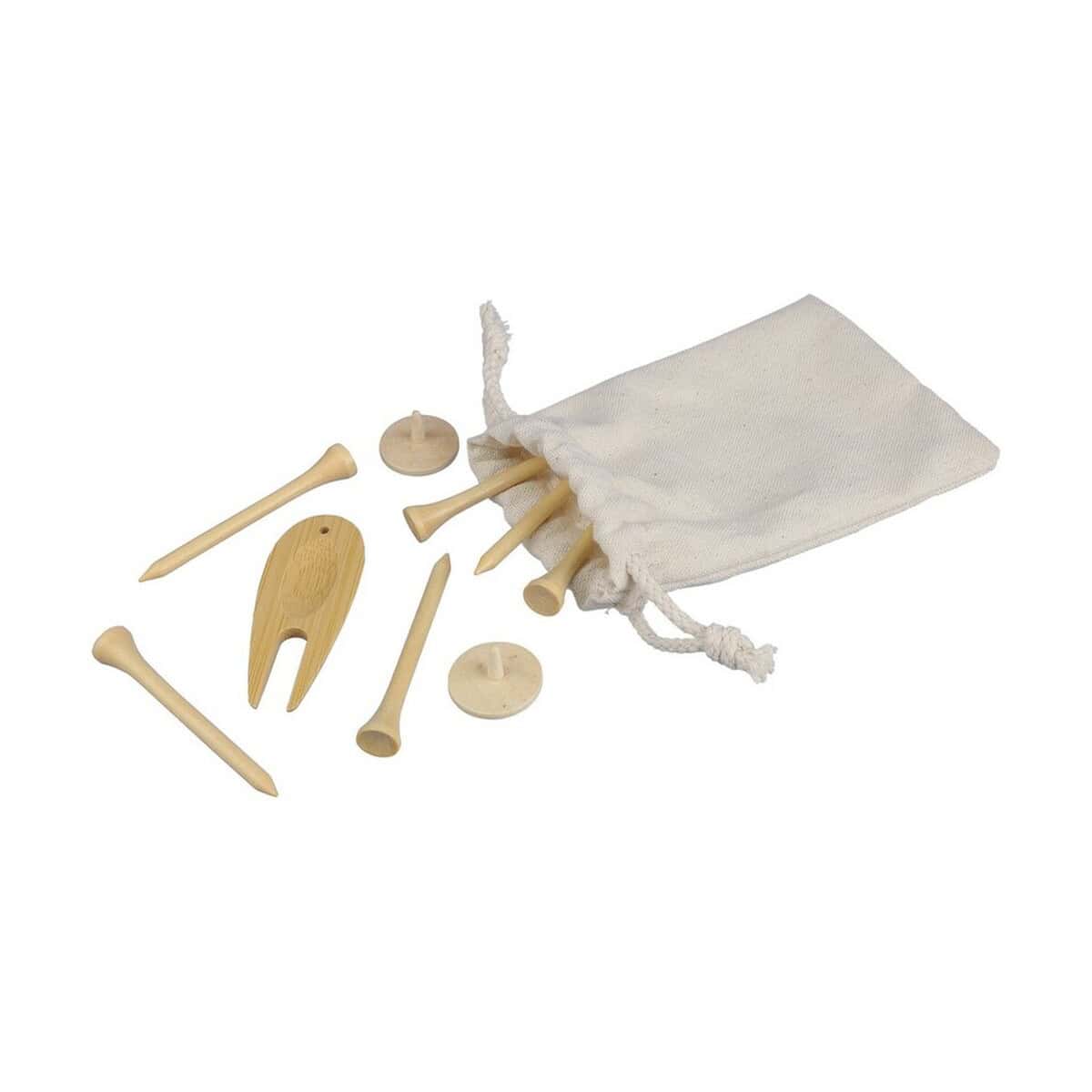 Gadżety golfowe z logo – zestaw drewnianych akcesoriów golfowych VA881-16_AAA01 Drewniane gadżety na piknik w zestawie z materiałowym woreczkiem.