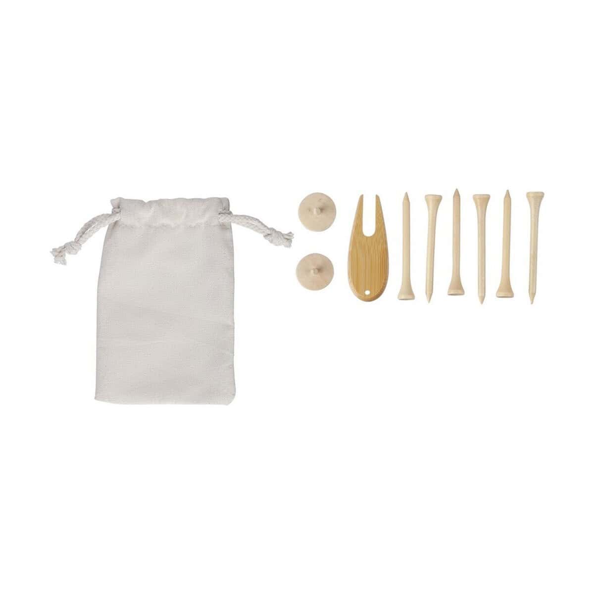 Gadżety golfowe z logo – zestaw drewnianych akcesoriów golfowych VA881-16_AAA02 Zestaw narzędzi do woskowania w drewnianej skrzyneczce, naturalne kolory, opakowanie bawełniane.