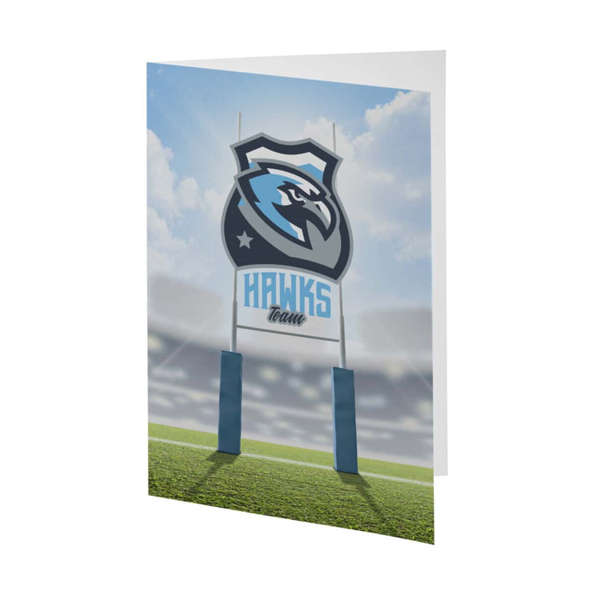 Drukowana plansza z logo drużyny sportowej Hawks na stadionie, elementy gadżetów sportowych, logo i nazwa zespołu, baner promocyjny.