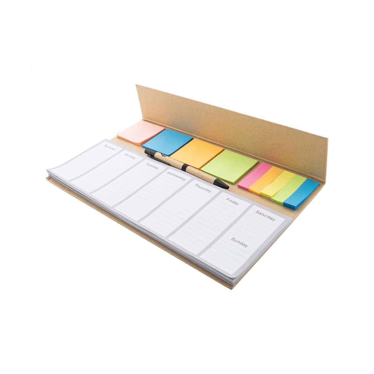 Gadżety na biurko z logo – weeknot tygodniowy planer biurkowy AP800166-00 Blok planerski z notesami samoprzylepnymi i markerem, idealny gadżet biurowy i organizer.