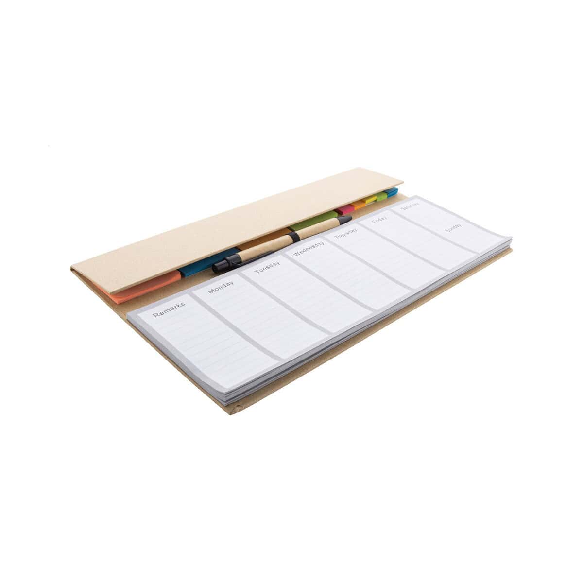 Gadżety na biurko z logo – weeknot tygodniowy planer biurkowy AP800166-00__A Notes and organizers na tydzień z kolorowymi zakreślaczami i długopisami.