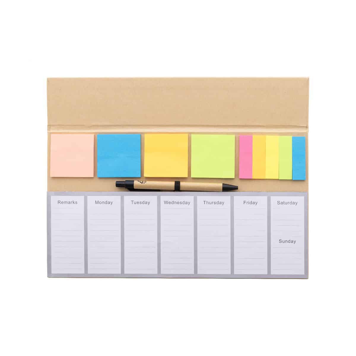 Gadżety na biurko z logo – weeknot tygodniowy planer biurkowy AP800166-00__D Kolorowe notesy samoprzylepne i planer tygodniowy z długopisem, idealne gadżety promocyjne.
