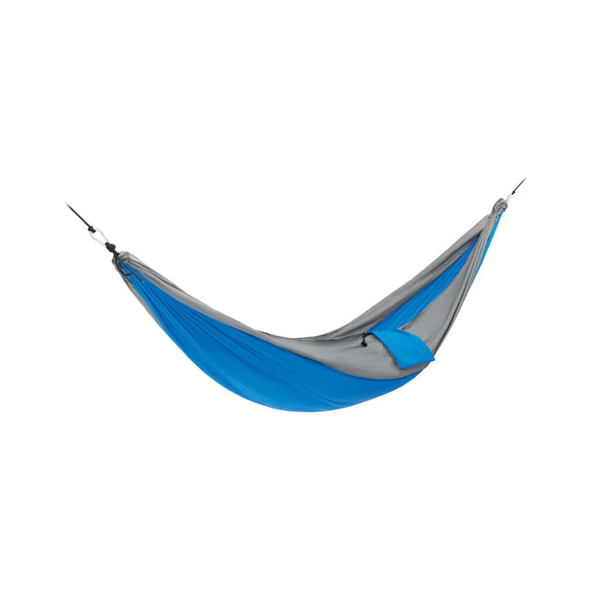 Lekki hamak turystyczny, kolor niebiesko-szary, idealny do relaksu na świeżym powietrzu. Duża przestrzeń, łatwy montaż i wygoda użytkowania.