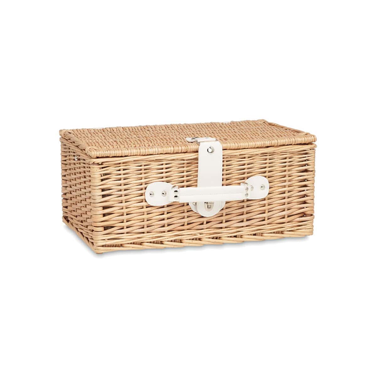 Gadżety piknikowe z logo – kosz wiklinowy dla 2 osób mimbre mo6193-40-back Skrzynia z naturalnego rattanu z metalową klamrą na prezent lub do przechowywania rzeczy.