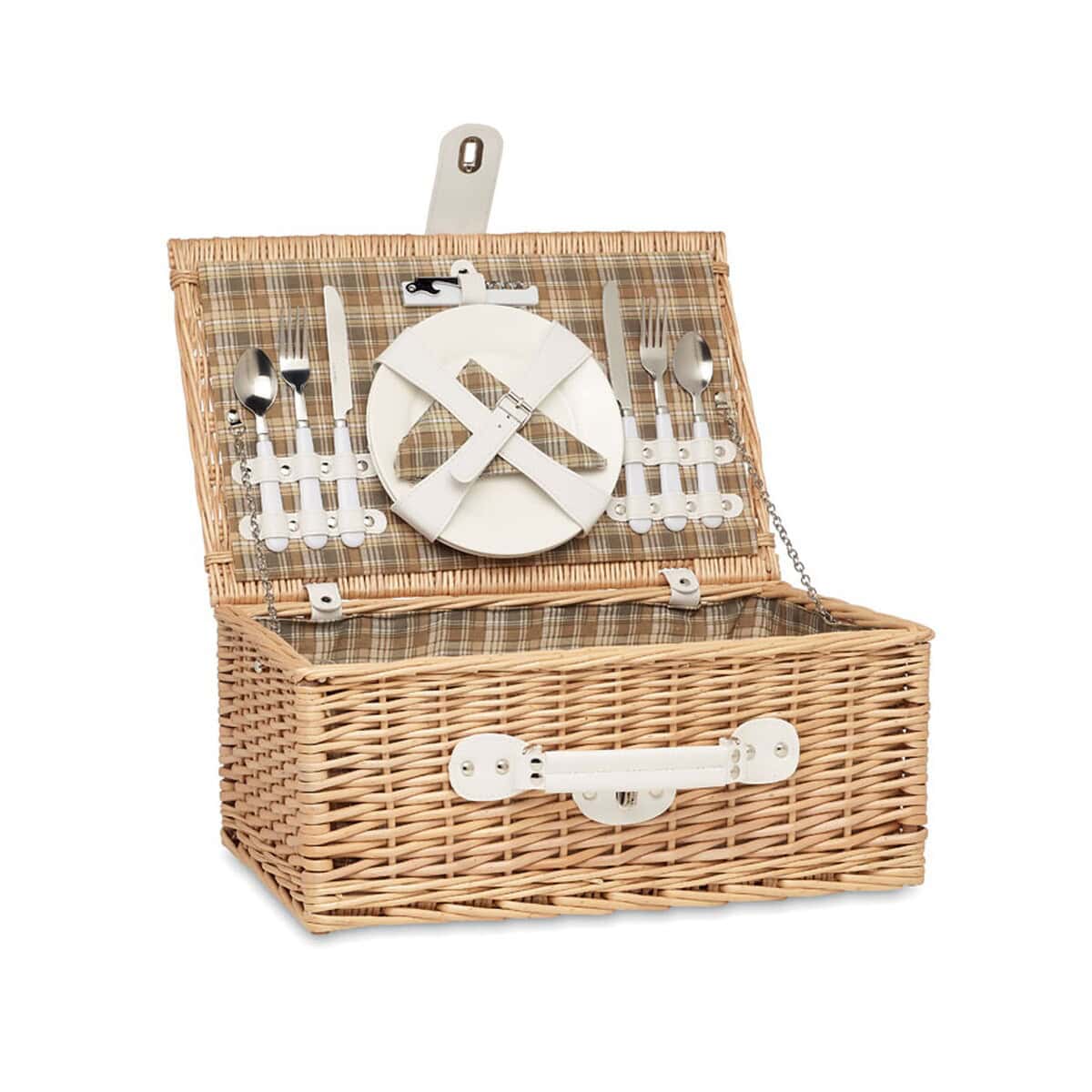 Gadżety piknikowe z logo – kosz wiklinowy dla 2 osób mimbre mo6193-40 Narzędzia do grilla w wiklinowym kufrze z nutą rustykalną, idealne na piknik i grillowanie.
