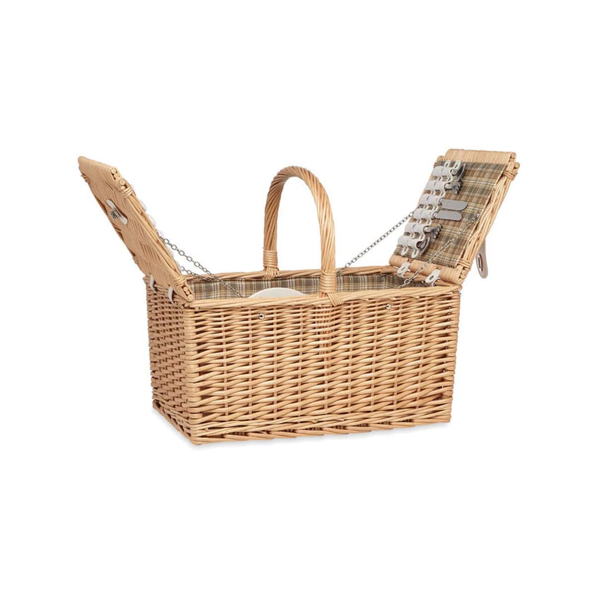 Gadżety piknikowe z logo – kosz wiklinowy dla 4 osób mimbre plus mo6194-40-open Koszyk wiklinowy z piknikowym wyposażeniem, idealny na weekendowe wypady na łono natury.