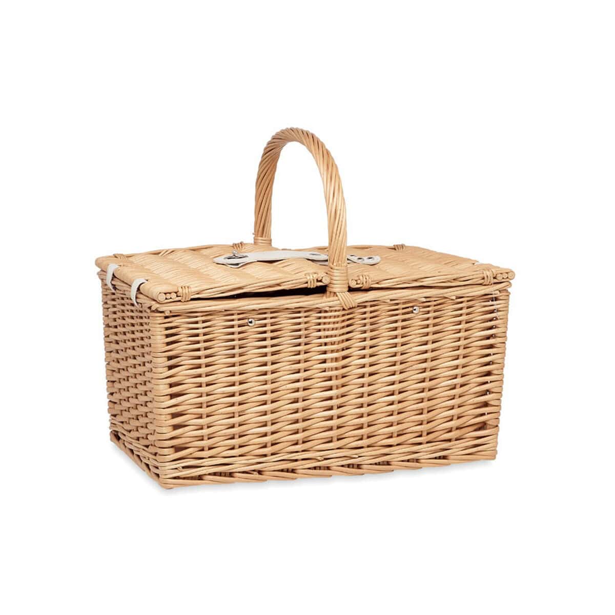 Gadżety piknikowe z logo – kosz wiklinowy dla 4 osób mimbre plus mo6194-40-top Kosz piknikowy z rattanu z pokrywą i uchwytem, idealny na wycieczki i pikniki na świeżym powietrzu.