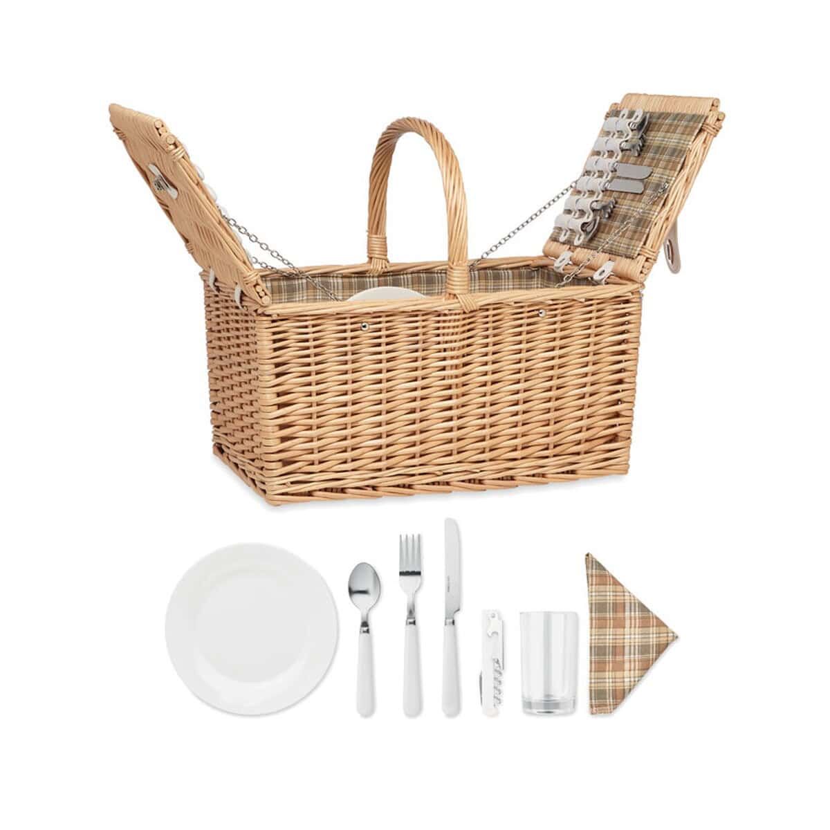 Gadżety piknikowe z logo – kosz wiklinowy dla 4 osób mimbre plus mo6194-40 Kosz piknikowy z akcesoriami do jedzenia i napojów na outdoorowe wypady.