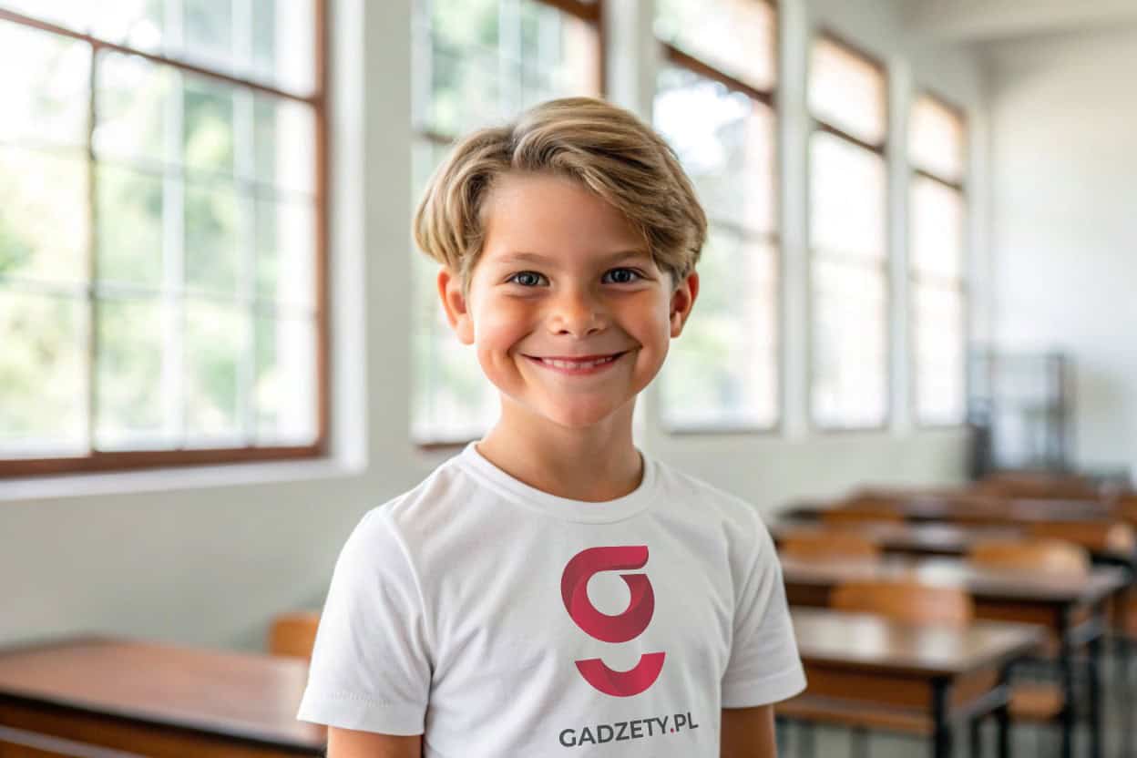 Tło: chłopiec w koszulce z logo gadżetów, w nowoczesnej klasie szkolnej z dużymi oknami.