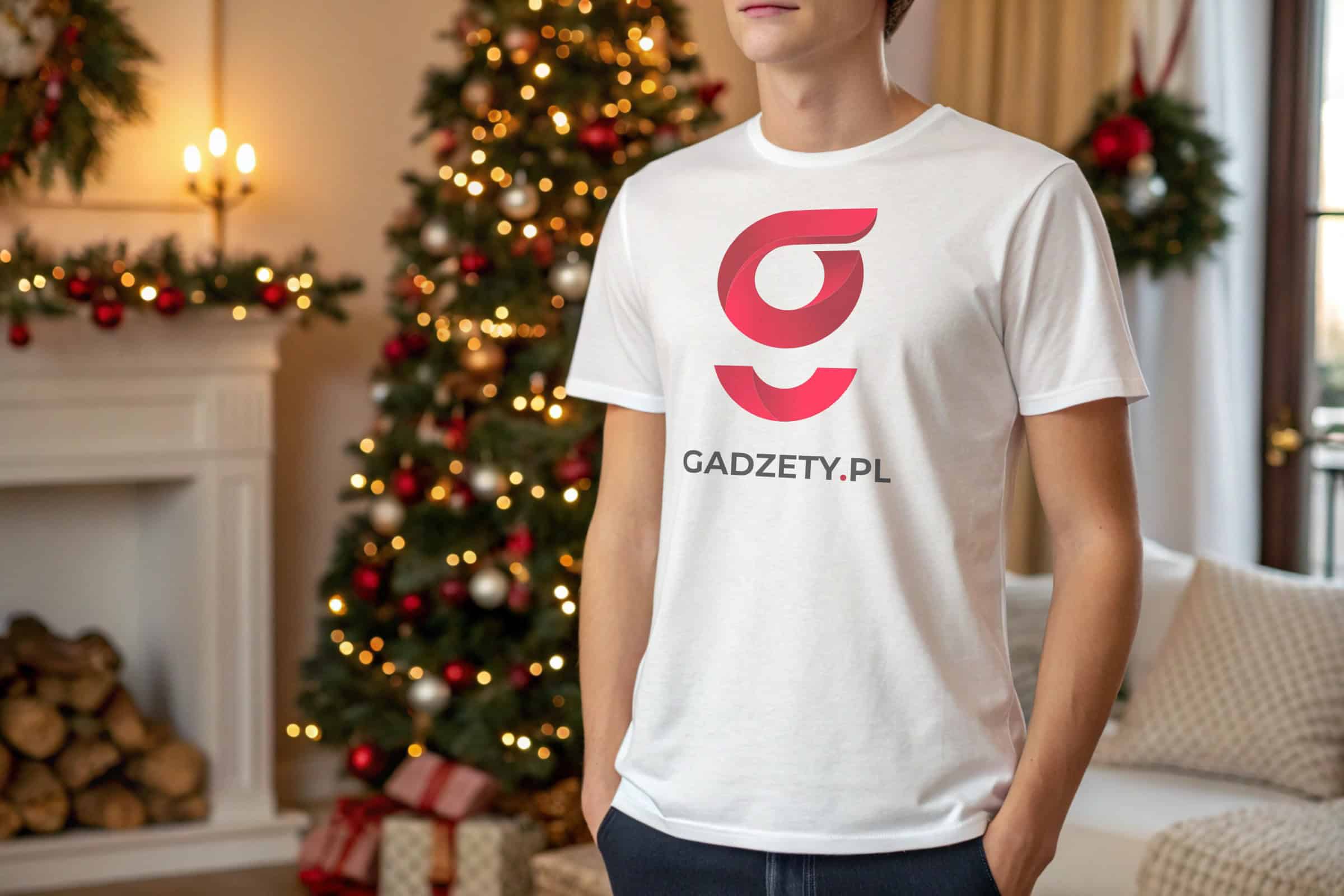 Nowoczesna koszulka z nadrukiem GADŻETY.PL na tle świątecznego wystroju, idealna na prezent.