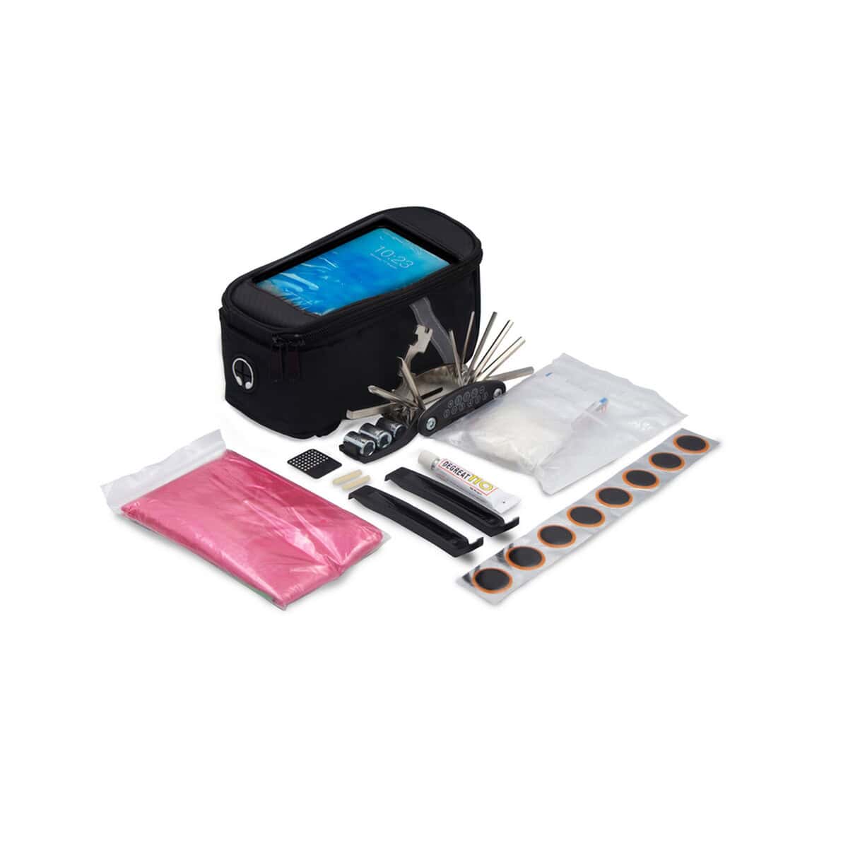 Gadżety rowerowe z logo – torba rowerowa z wyposażeniem, zestaw naprawczy, apteczka, poncho | fabio V6906-03_AAA01 Przenośny zestaw do naprawy telefonów z akcesoriami i torbą na gadżety.