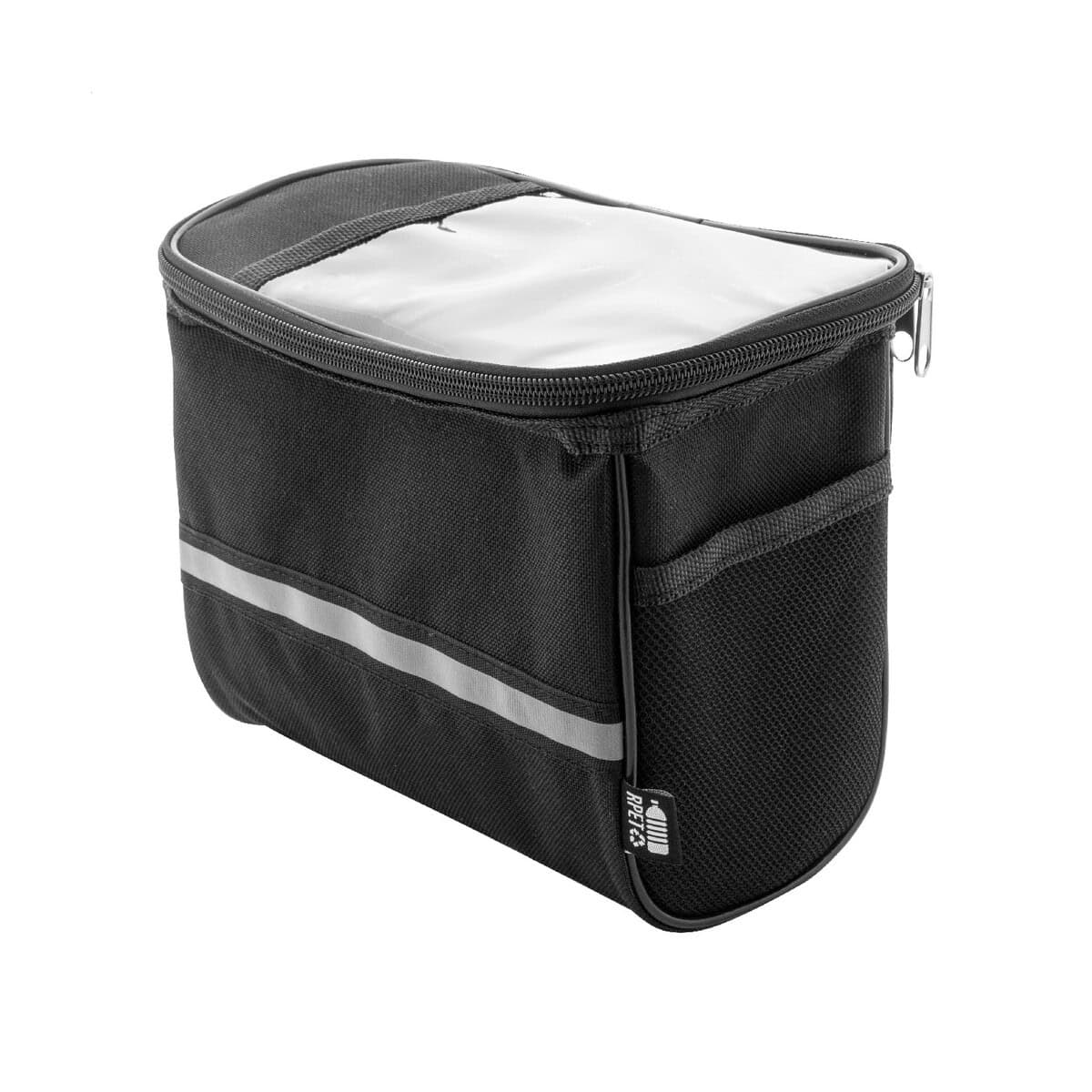 Gadżety rowerowe z logo – velofon plus torba na telefon komórkowy do roweru rpet AP800047-10 Torba termoizolacyjna na lunch, czarna, z kieszenią boczną, idealna do gadżetów reklamowych i upominków.