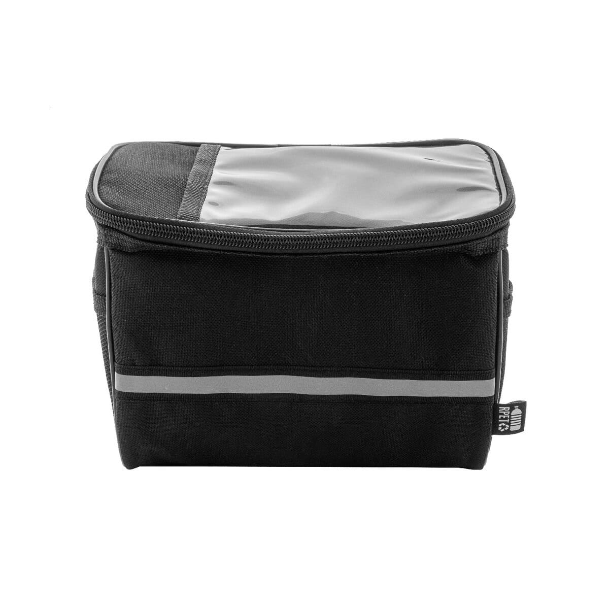 Gadżety rowerowe z logo – velofon plus torba na telefon komórkowy do roweru rpet AP800047-10__B Przedmiot promocyjny - torba termoizolacyjna na lunch, czarna, z elementami odblaskowymi.