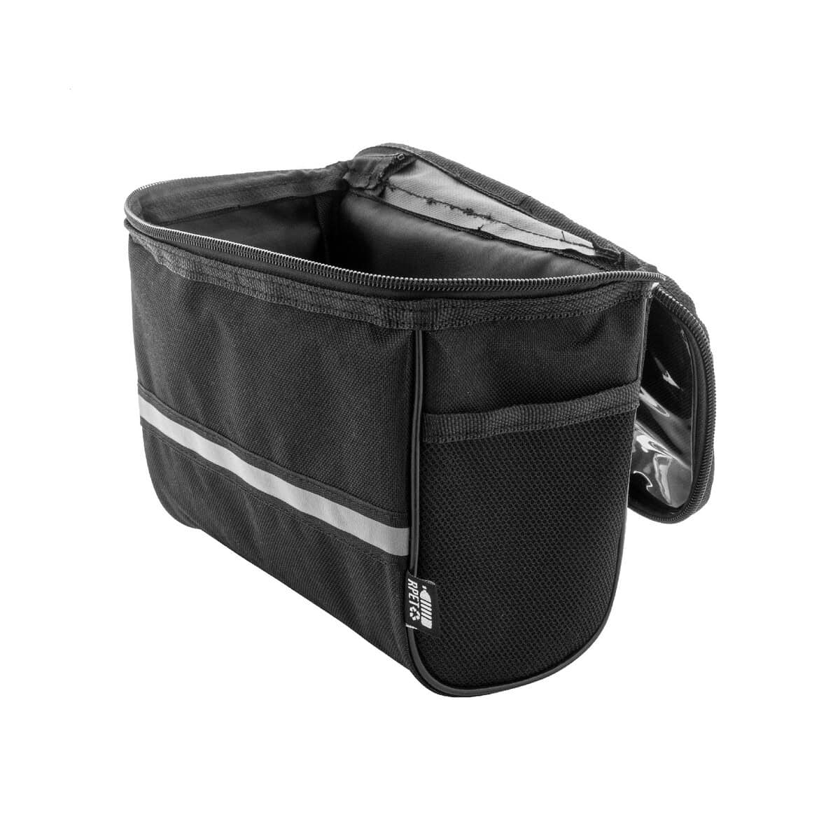 Gadżety rowerowe z logo – velofon plus torba na telefon komórkowy do roweru rpet AP800047-10__C Torba na rower, organizer na akcesoria rowerowe, czarna torba sportowa, akcesoria do jazdy na rowerze, praktyczny organizer rowerowy.