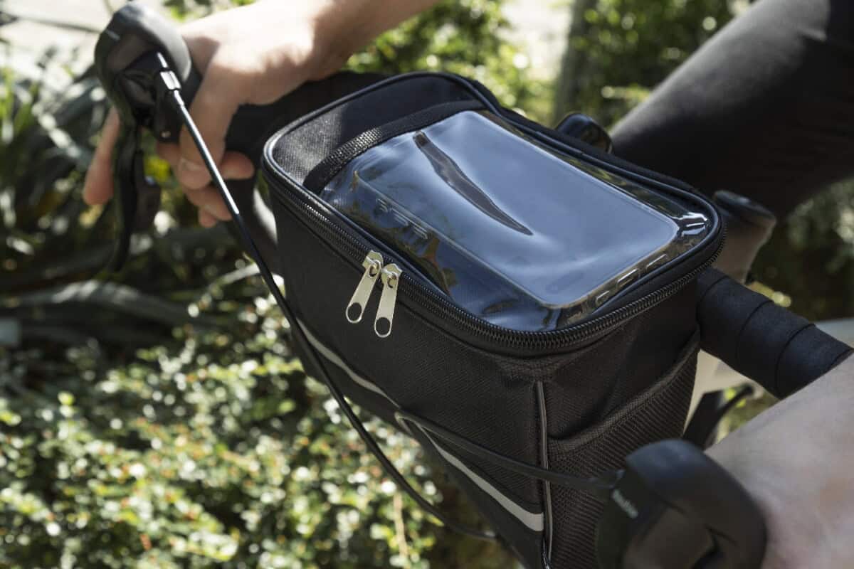 Gadżety rowerowe z logo – velofon plus torba na telefon komórkowy do roweru rpet AP800047-10__DG1 Tablet w technologii antywstrząsowej z ekranem dotykowym na rowerze.