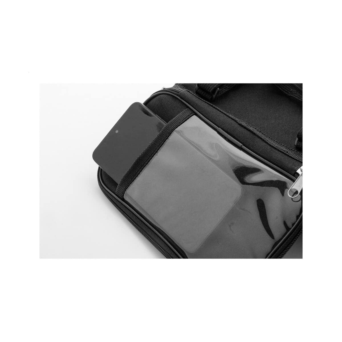 Gadżety rowerowe z logo – velofon plus torba na telefon komórkowy do roweru rpet AP800047-10__FC2 Przenośny organizer na telefon i akcesoria w czarnej torbie gadżet do etui na telefon i drobiazgi.