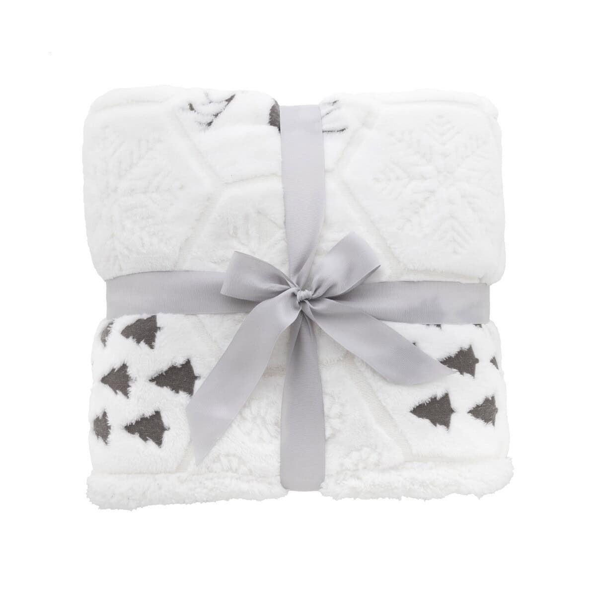 Gadżety świąteczne z logo – arsunda koc świąteczny rpet AP861014-77__A Miękka biała narzuta z wzorem zimowym, zapakowana w ozdobny szary pasek, idealna na prezent.