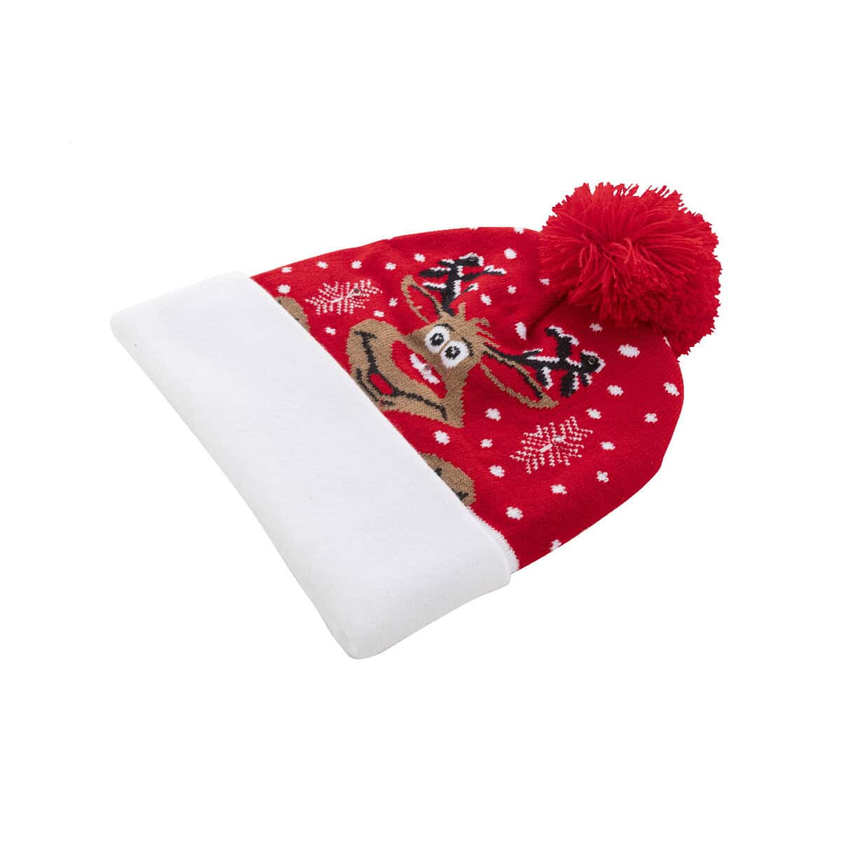 Gadżety świąteczne z logo – norrsken świąteczna czapka zimowa led, renifer AP800175-A__A Czapka świąteczna z reniferem, pomponem i wzorem śnieżynki, idealna na prezent bożonarodzeniowy.