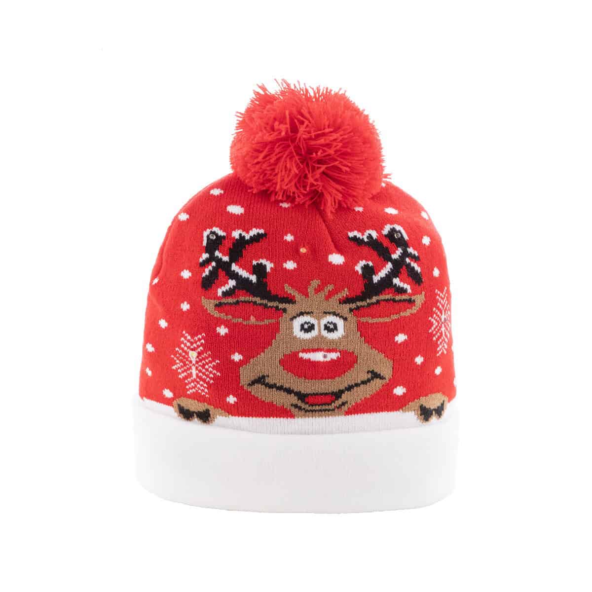 Gadżety świąteczne z logo – norrsken świąteczna czapka zimowa led, renifer AP800175-A__B Czapka zimowa z reniferem i pomponem, idealna na święta i zimowe chłody.