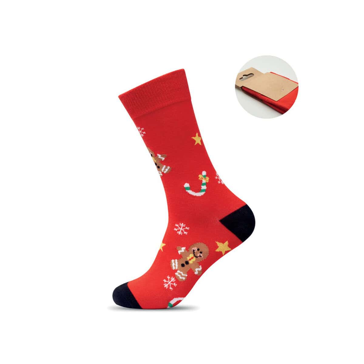 Kolorowa skarpetka świąteczna z motywem gingerbread i renifera, idealna na prezent bożonarodzeniowy.