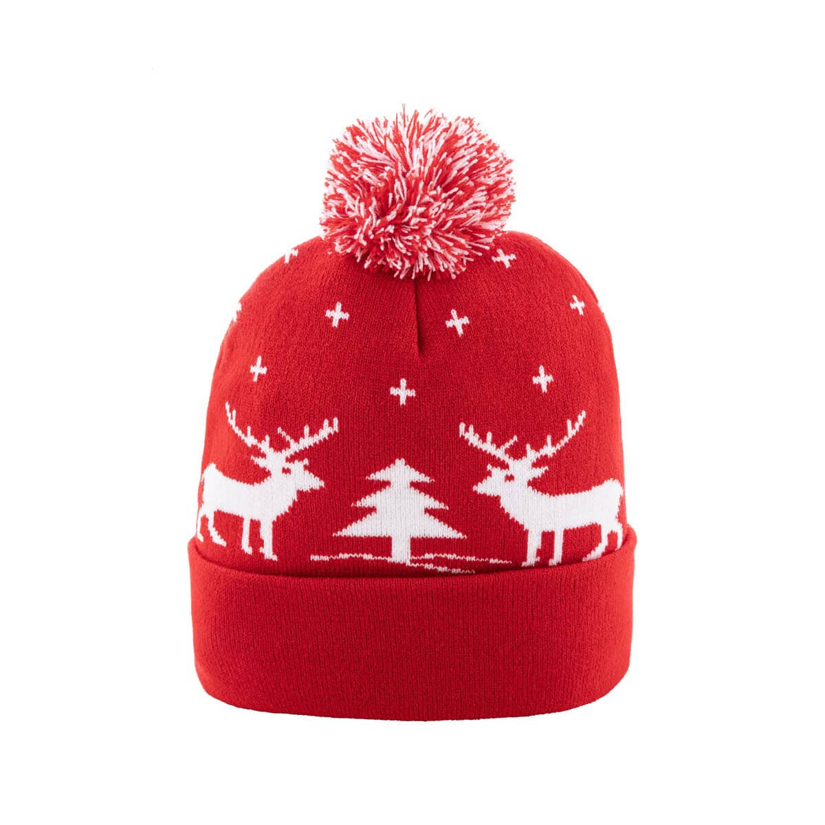 Gadżety świąteczne z logo – skandimos świąteczna czapka zimowa AP800221-05__B Czapka zimowa z reniferami i choinką, ozdobiona pomponem, idealna na chłodne dni.