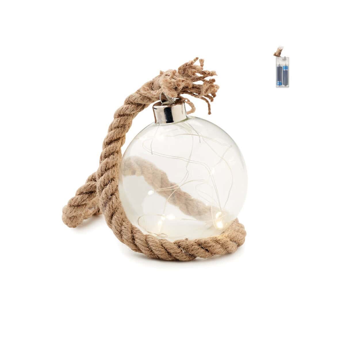 Szklana ozdoba bożonarodzeniowa z oświetleniem LED i liny jachtowej.