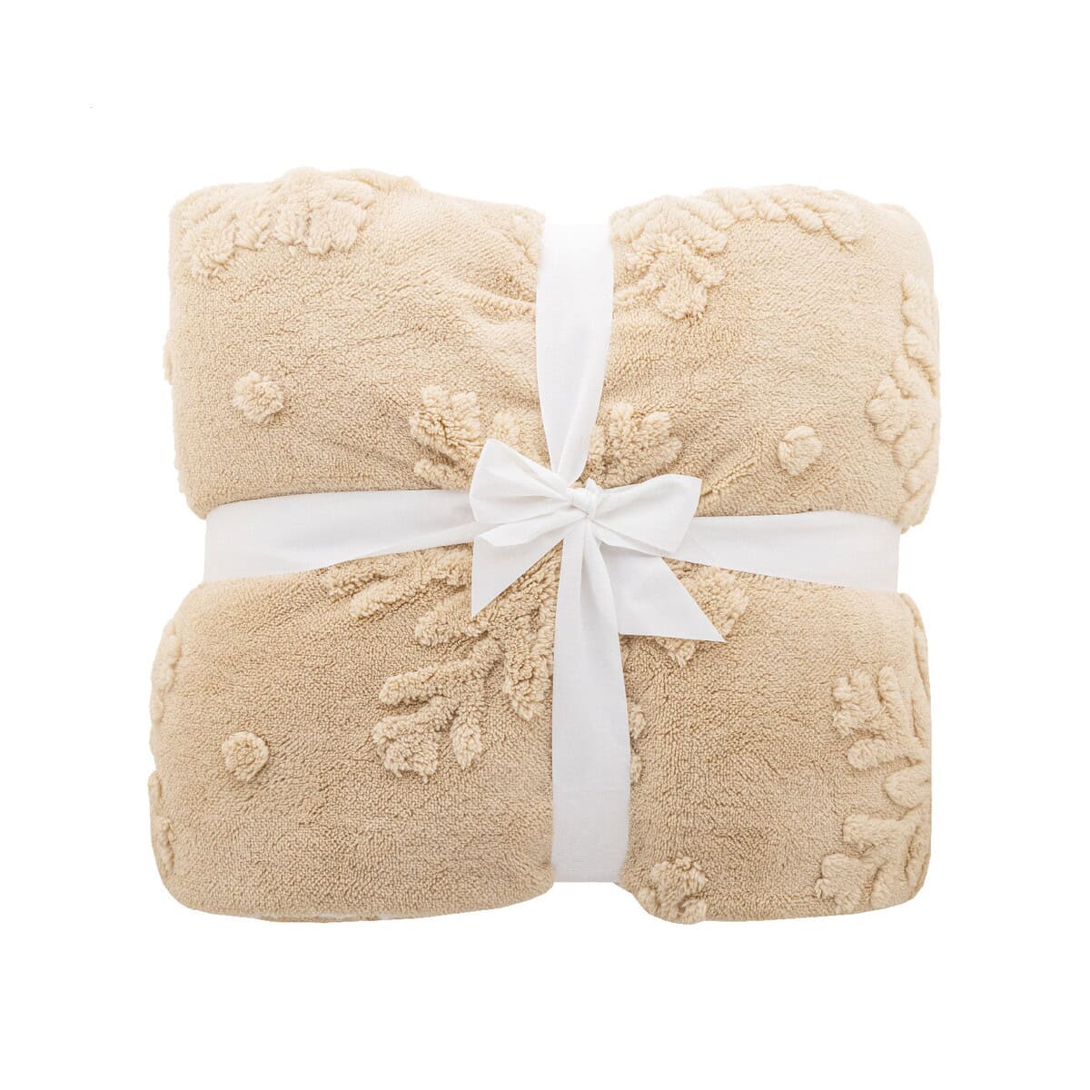 Gadżety świąteczne z logo – valsatra koc świąteczny rpet AP861013-00__A Miękki, beżowy koc z eleganckim haftem, zapakowany w białą wstążkę, idealny na prezent.