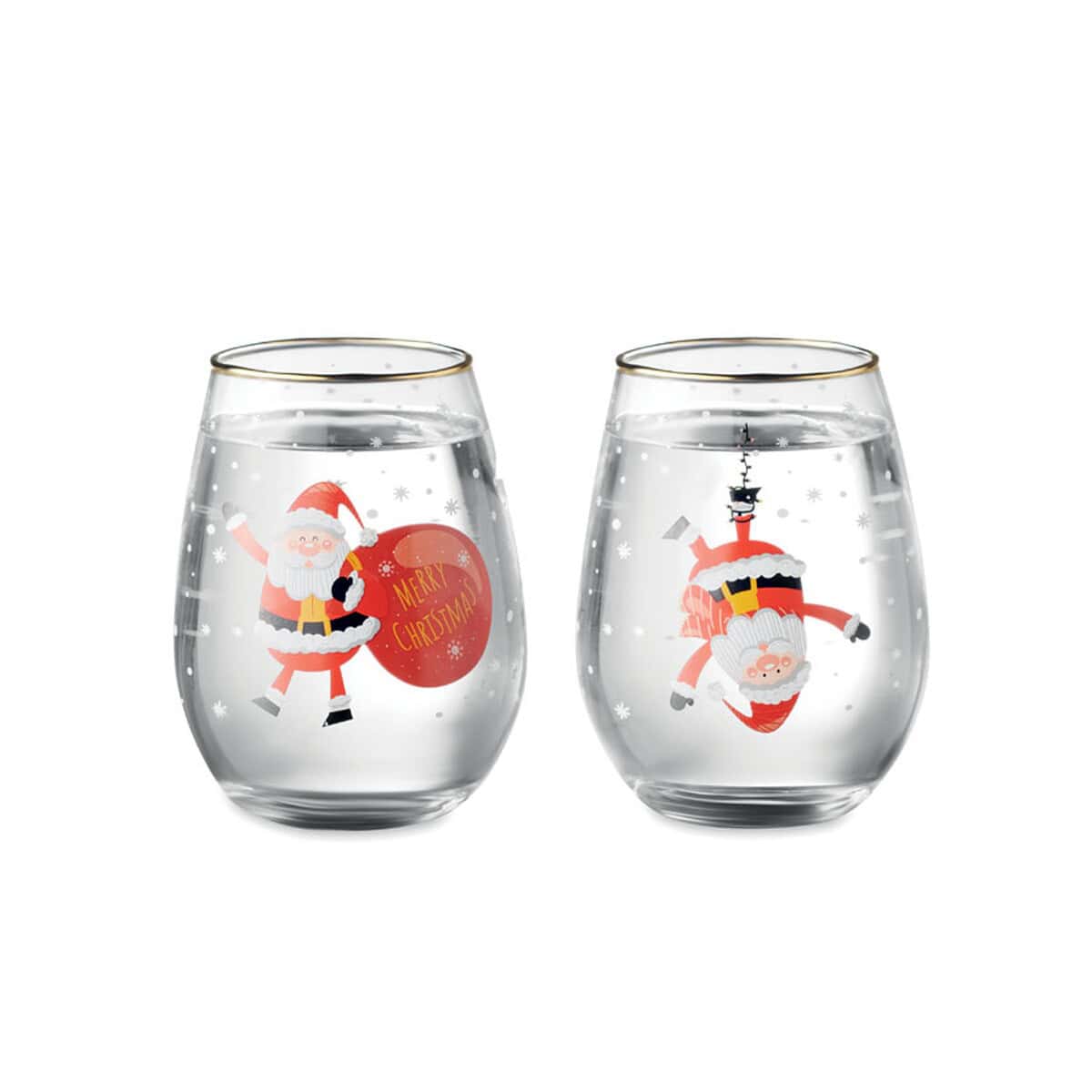 Gadżety świąteczne z logo – zestaw 2 szklanek świątecznych noel cx1501-06-side Szkło z motywem świątecznym z mikołajem i reniferem, idealne na bożonarodzeniowe prezenty i okazje.