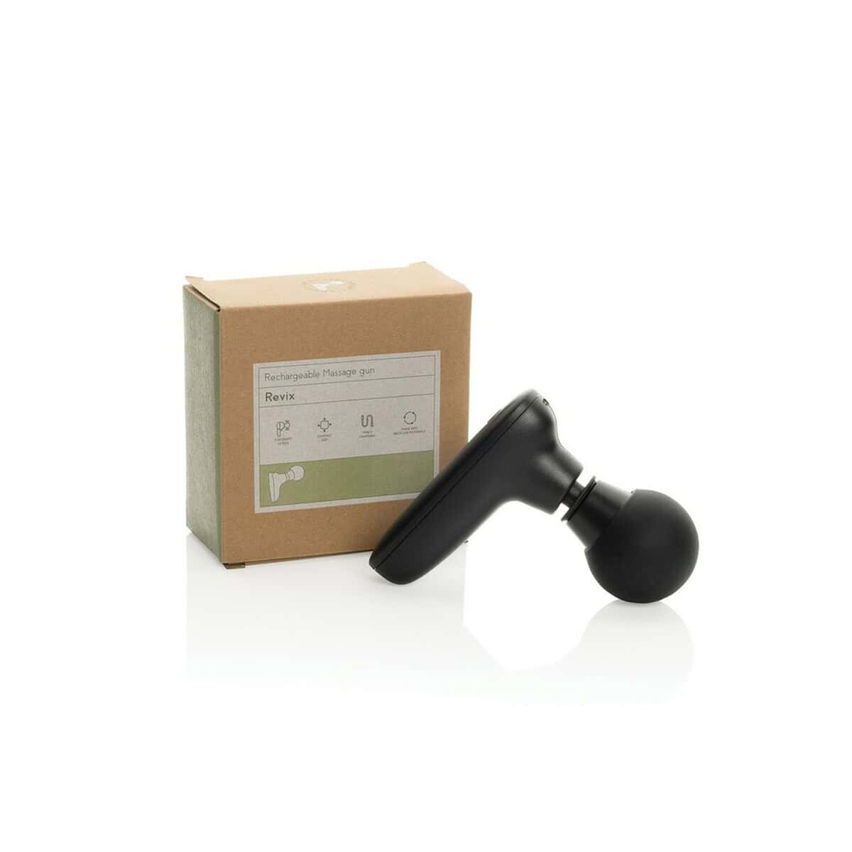 Gadżety treningowe z logo – pistolet do masażu, masażer mięśni P457.0101__P_500 Masażer relaksacyjny Revix do masażu ciała z wymienną końcówką, idealny do prezentów i gadżetów wellness.