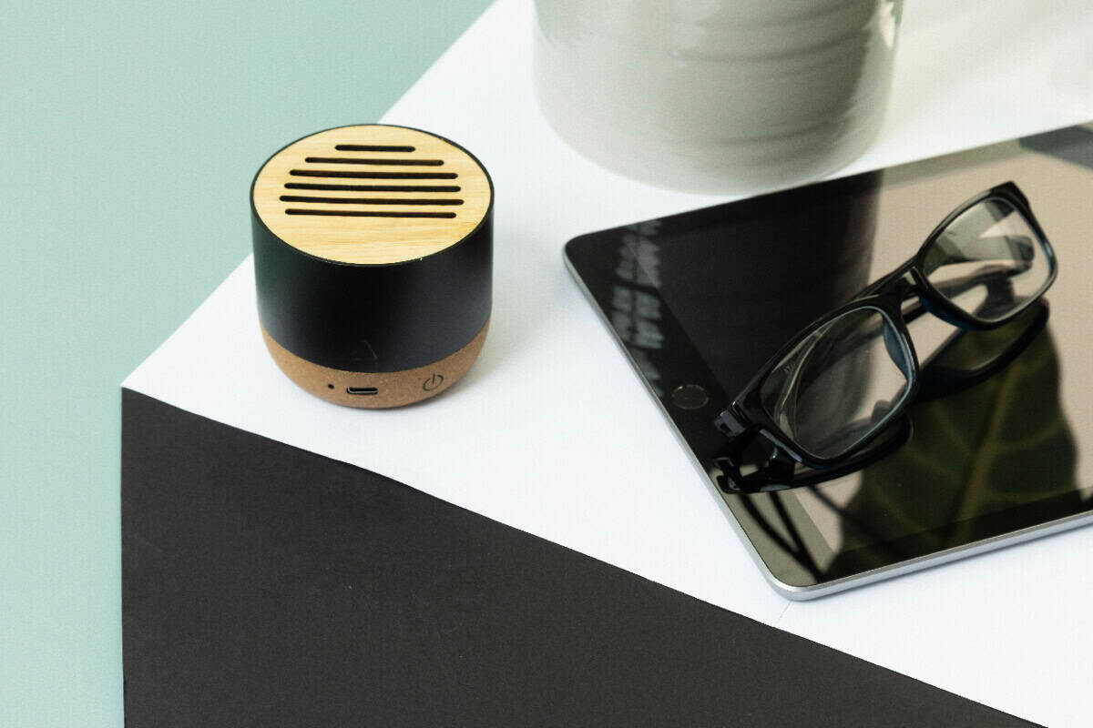 Głośniki z logo – corbofi głośnik bezprzewodowy AP864105-10__DG2 Gadzety personalizowane na prezent, śmieszne gadżety biurowe, nowoczesny gadżet desktop, akcesoria biurowe z własnym logo.