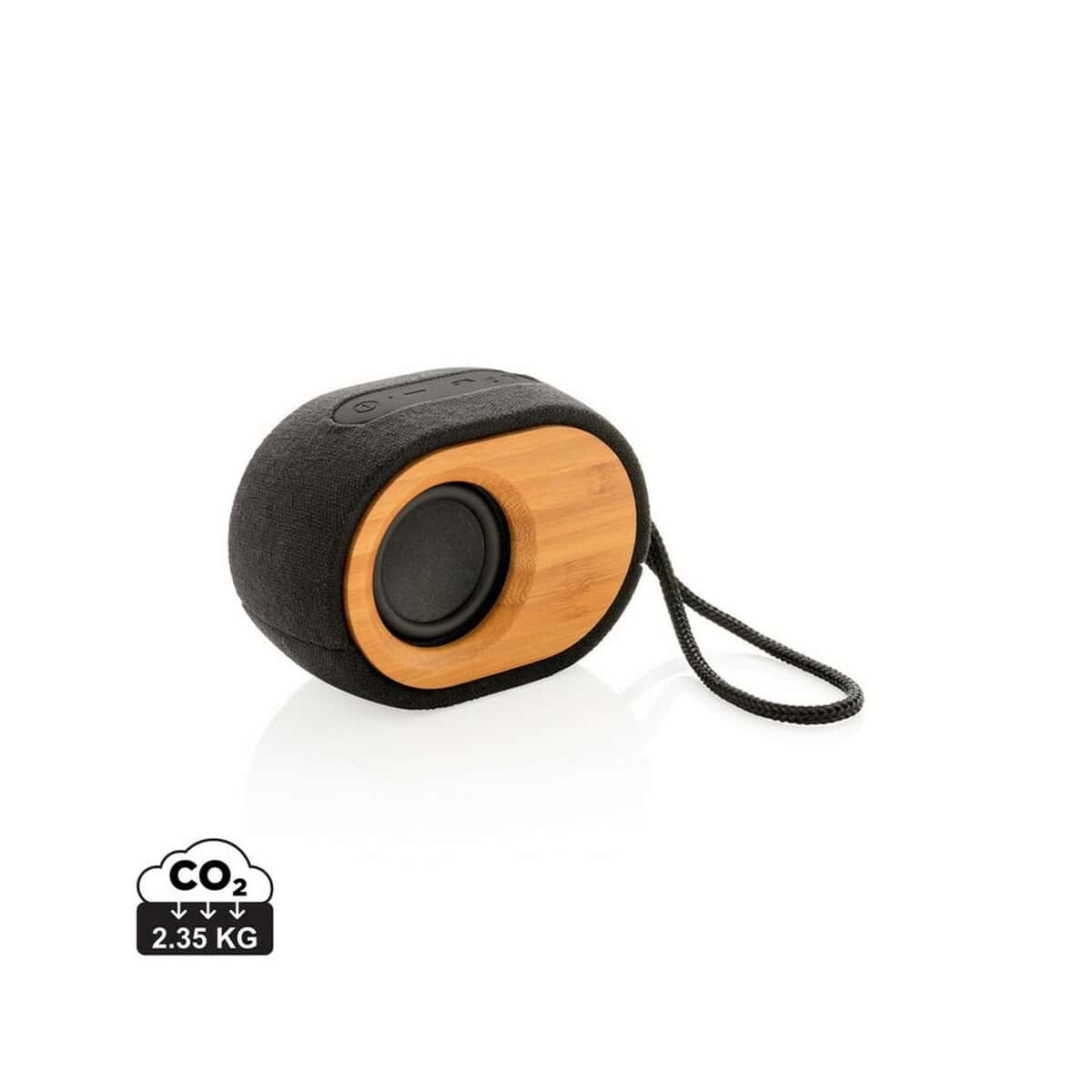 Przenośny głośnik bluetooth z obudową z drewna i pokryciem tekstylnym.