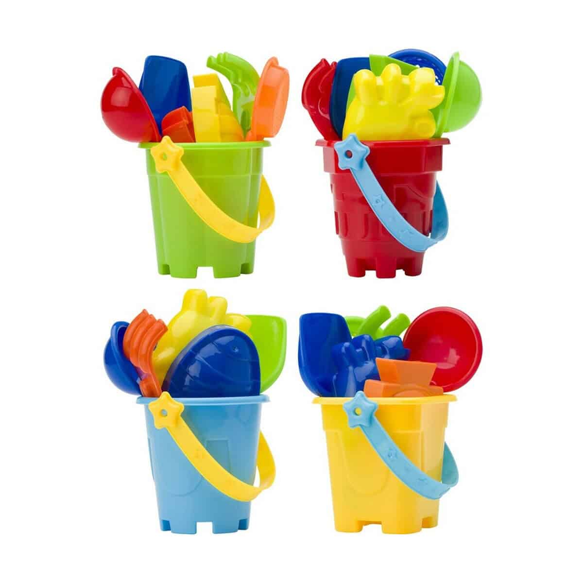 Kolorowe zestawy do piasku dla dzieci w plastikowym wiaderku i łopatkami.