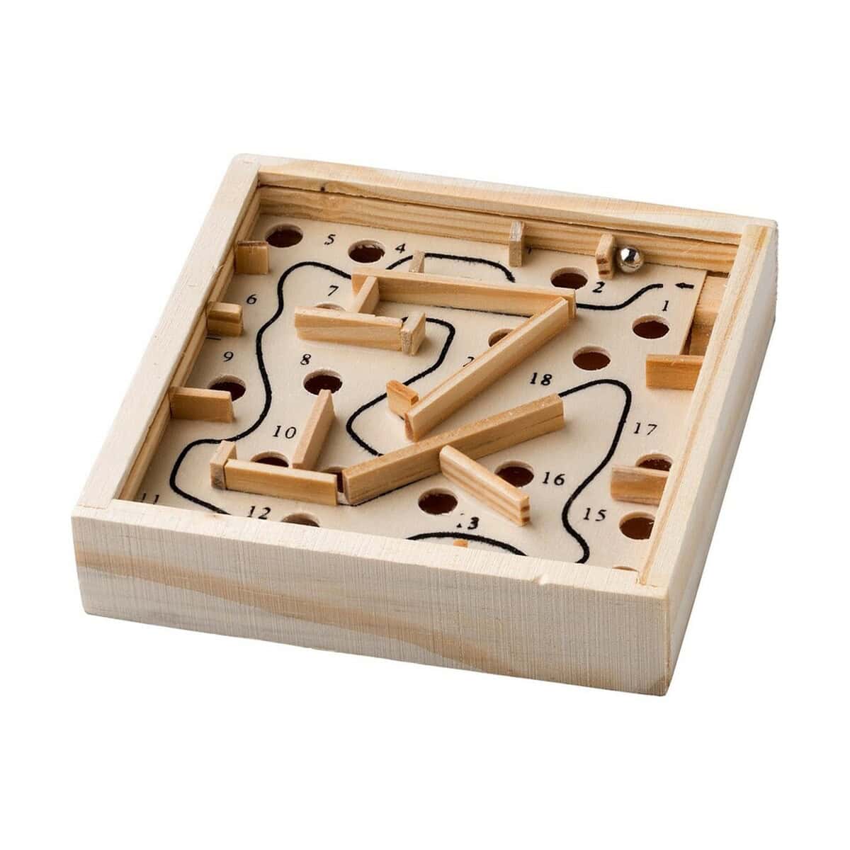 Małe drewniane gry edukacyjne z labiryntem i elementami do układania, idealne na prezent.