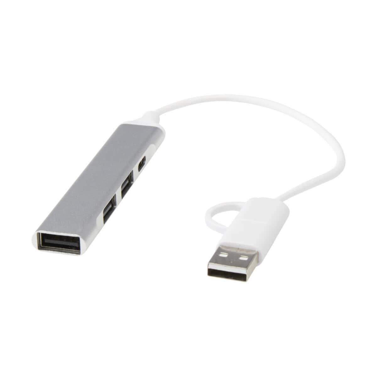 Huby USB z logo – alkaid 4-portowy hub usb-a i typu c z podwójnym wejściem wykonany z aluminium z recyklingu 12446981 Adapter USB-C do portów USB typu A z funkcją ładowania.