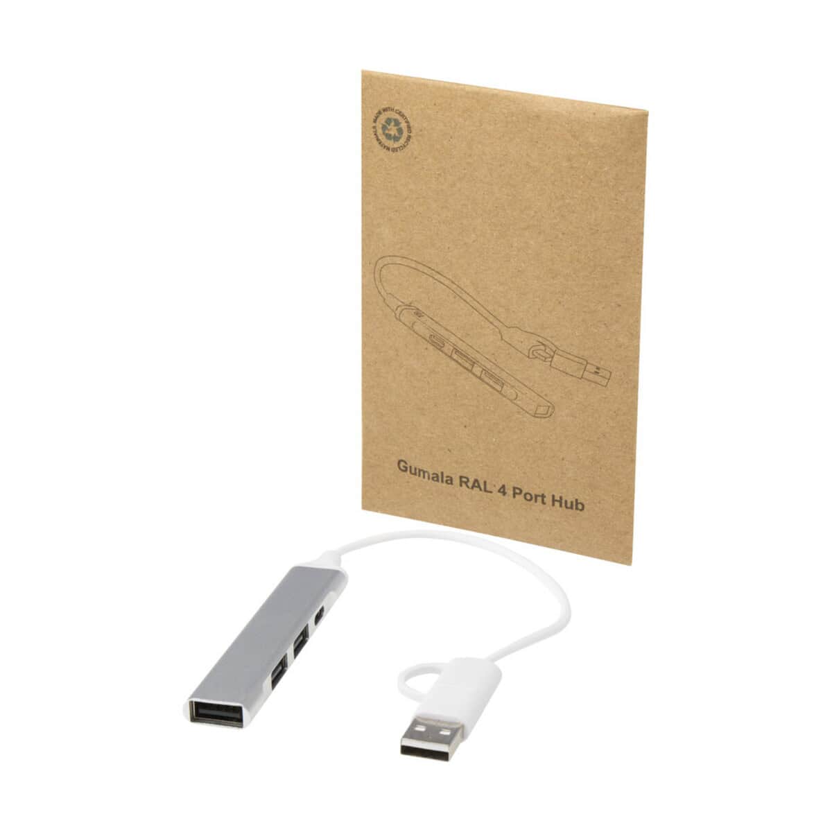 Huby USB z logo – alkaid 4-portowy hub usb-a i typu c z podwójnym wejściem wykonany z aluminium z recyklingu 12446981_e2 Gadżet, adapter USB, 4 Port Hub, gadżety reklamowe, akcesoria komputerowe, prezent firmowy.