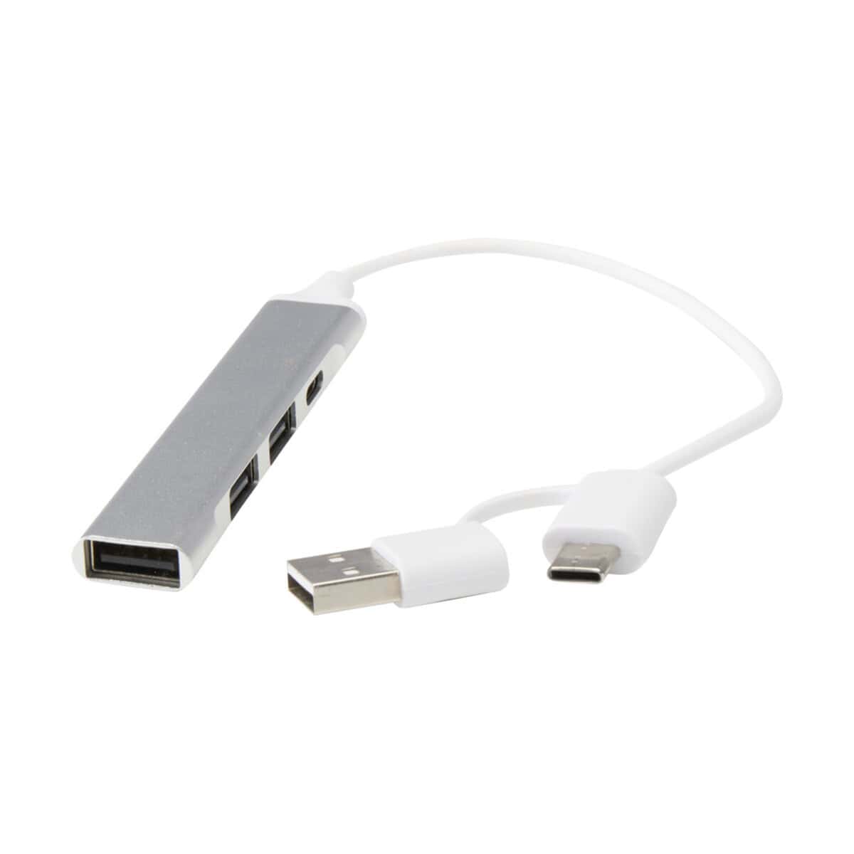 Huby USB z logo – alkaid 4-portowy hub usb-a i typu c z podwójnym wejściem wykonany z aluminium z recyklingu 12446981_e3 Przejściówka USB-C do 3 portów USB z przewodem do ładowania, funkcjonalny gadżet komputerowy.