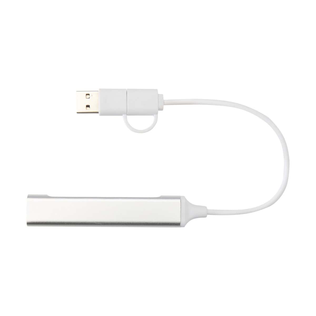 Huby USB z logo – alkaid 4-portowy hub usb-a i typu c z podwójnym wejściem wykonany z aluminium z recyklingu 12446981_f1 Kabel USB z metalową obudową i klipsem do personalizacji gadżetów reklamowych.