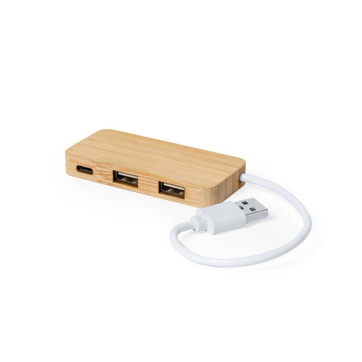 Huby USB z logo – bambusowy hub usb i usb-c V0199-18_AAA01 Uniwersalny rozgałęziacz z drewna z portami USB i kablem ładowarkowym.