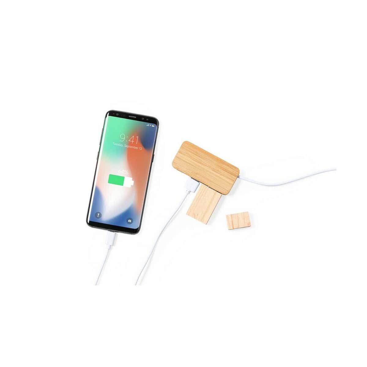 Huby USB z logo – bambusowy hub usb i usb-c V0199-18_AAA03 -etui na telefon, gadżety na prezent, akcesoria mobilne, z plecionki, personalizowane.