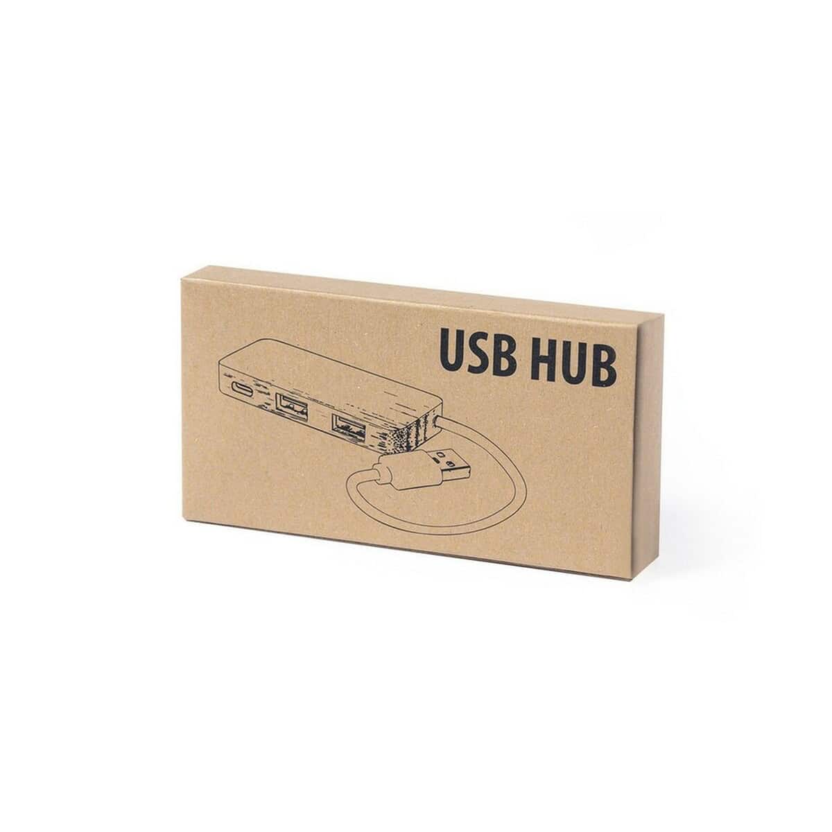 Huby USB z logo – bambusowy hub usb i usb-c V0199-18_POV01 Przenośny rozdzielacz USB HUB zasilanie i data, idealny gadżet komputerowy.