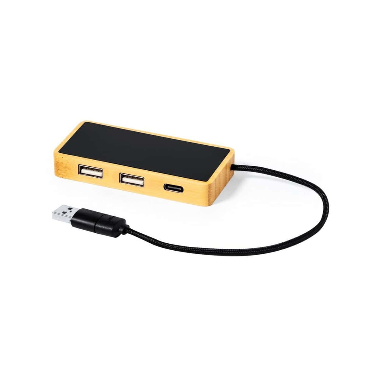 Huby USB z logo – bambusowy hub usb i usb-c V1341-00_AAA01 1. Przenośny powerbank z drewna i USB, elegancki dodatek do gadżetów elektronicznych.
